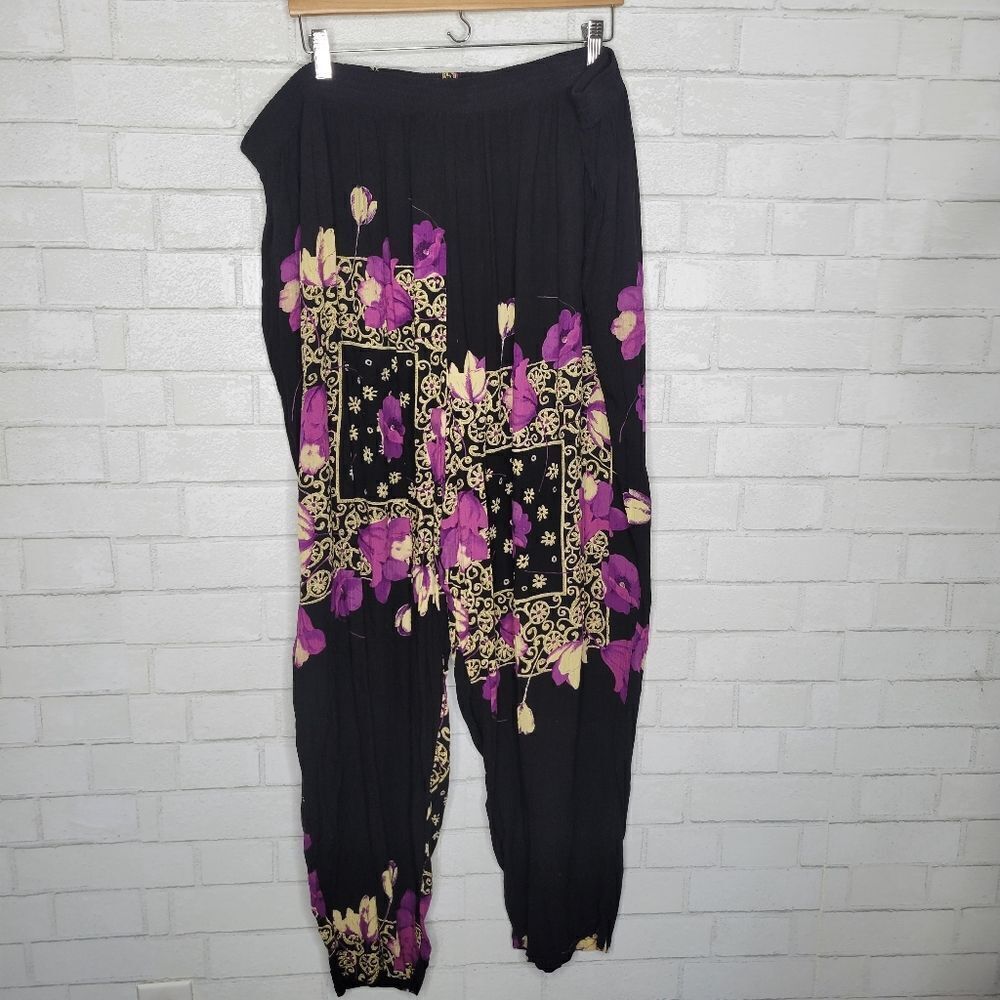 *SET* Bop Vintage Black Purple Floral Crepe Button Down Shirt And Pants - Picture 5 of 10